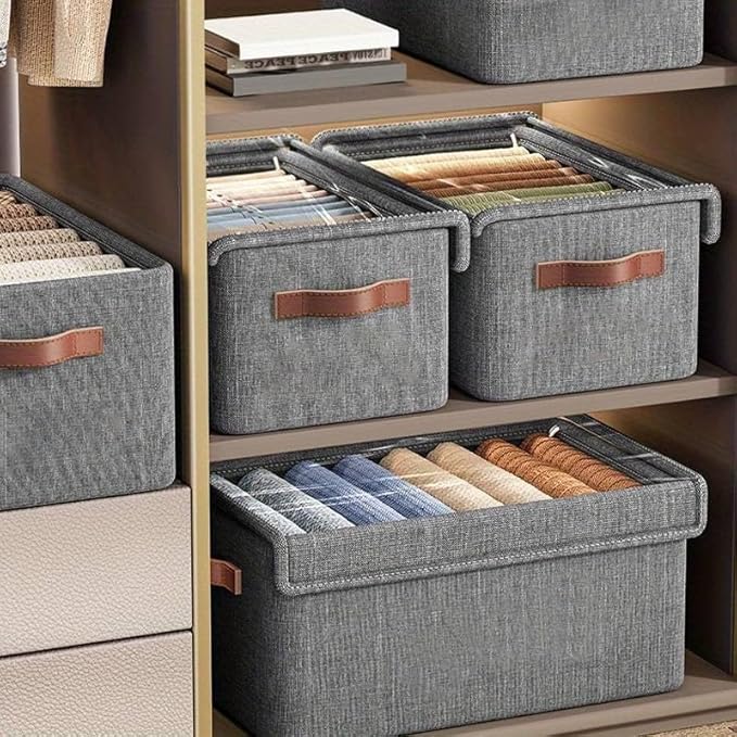 Folding Storage Boxes with Lid, Large Clear Collapsible Stackable Storage Boxes Foldable Fabric Linen Storage Box Cubes, Closet Organizer Baskets with Labels for Home 22927