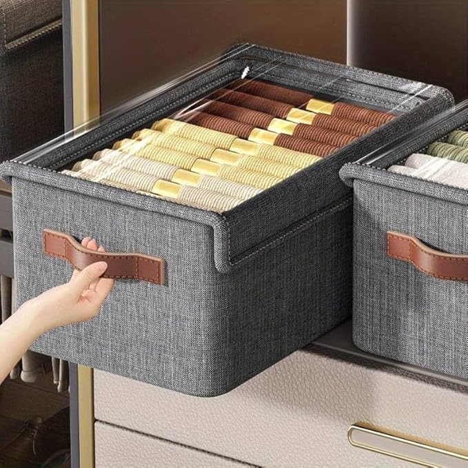 Folding Storage Boxes with Lid, Large Clear Collapsible Stackable Storage Boxes Foldable Fabric Linen Storage Box Cubes, Closet Organizer Baskets with Labels for Home 22927
