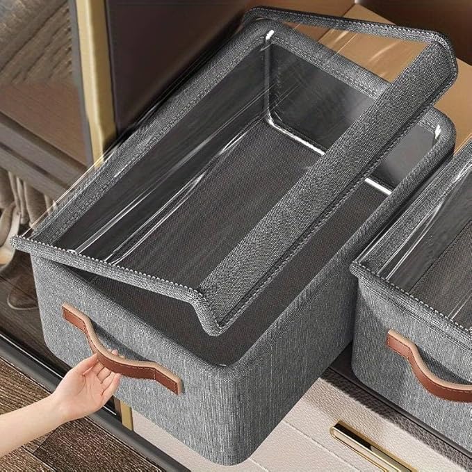 Folding Storage Boxes with Lid, Large Clear Collapsible Stackable Storage Boxes Foldable Fabric Linen Storage Box Cubes, Closet Organizer Baskets with Labels for Home 22927