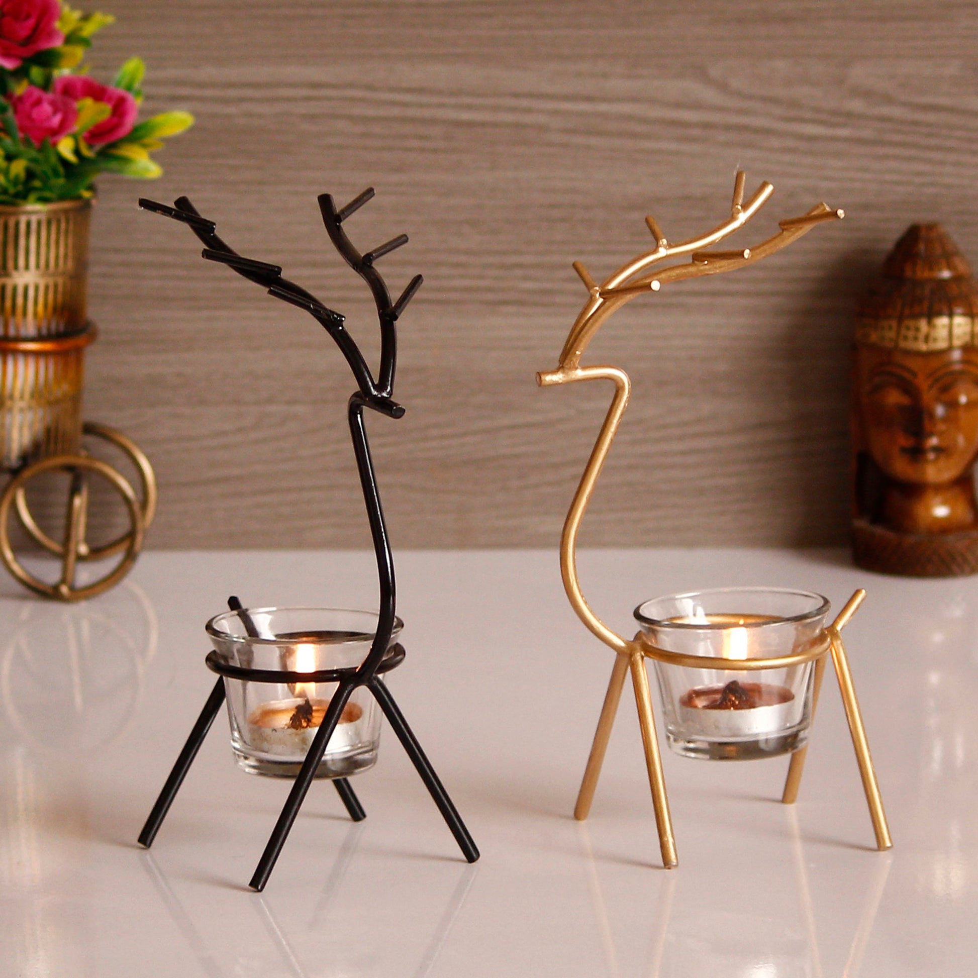 eCraftIndia Set of 2 Deer Shape Decorative Handcrafted Metal Tea Light Holder m2wvuk-pc