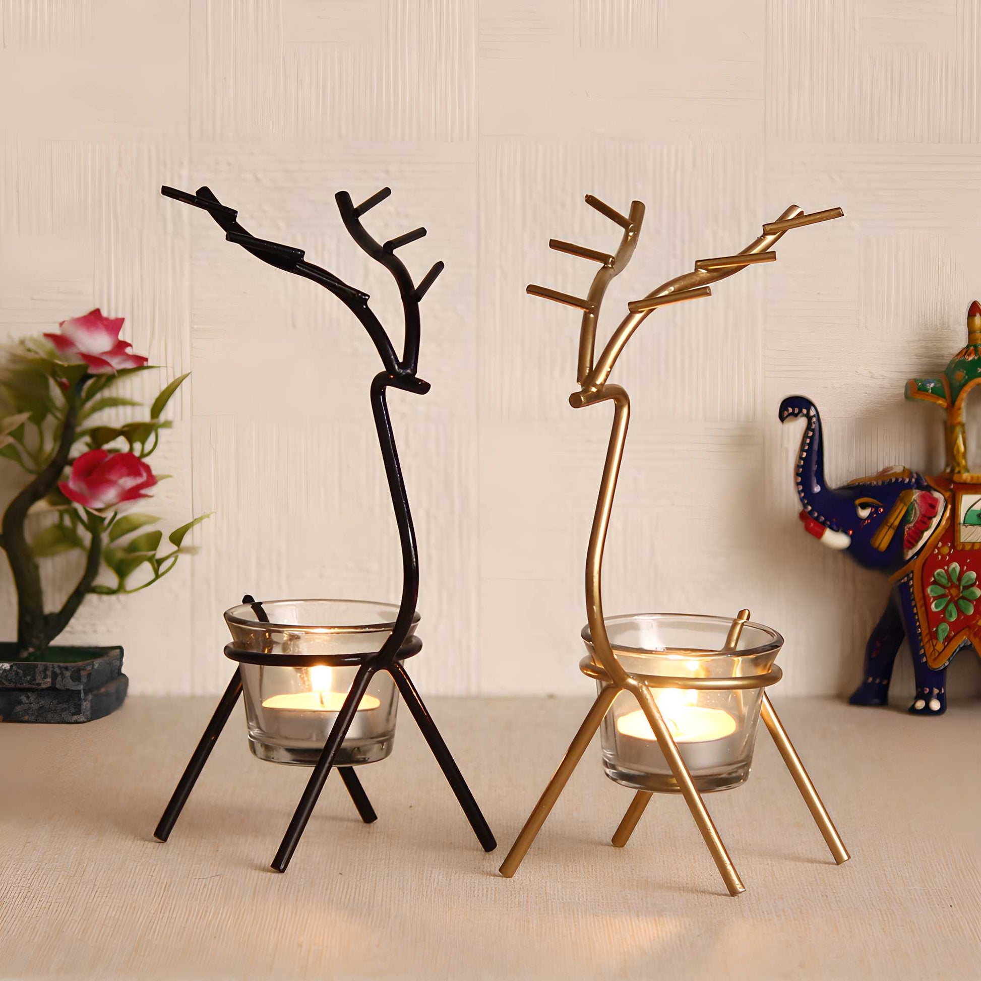 eCraftIndia Set of 2 Deer Shape Decorative Handcrafted Metal Tea Light Holder m2wvuk-pc