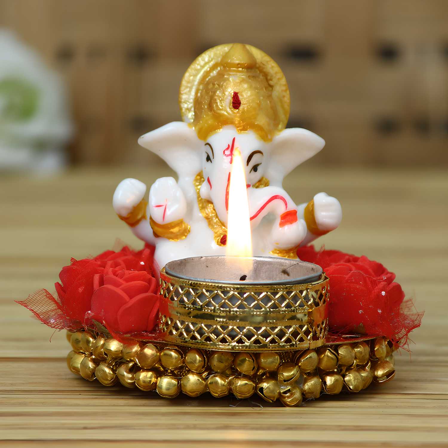 eCraftIndia Lord Ganesha Idol on Decorative Plate with Tea Light Holder m2wvuk-pc