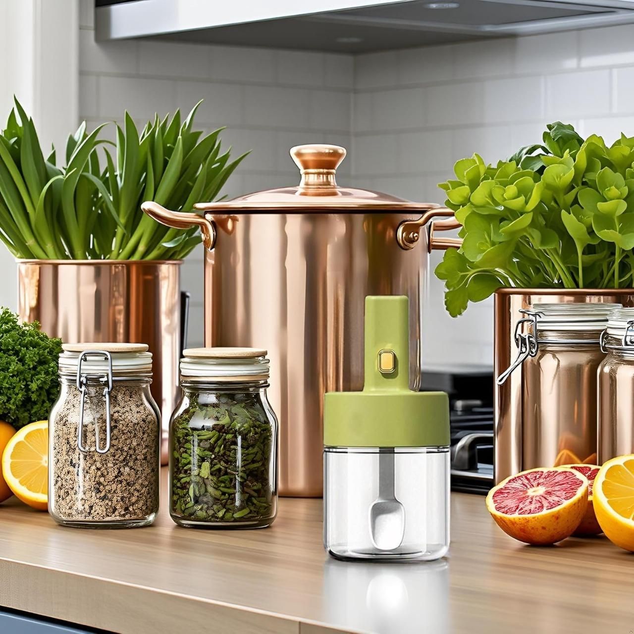 Luxury Glass Telescopic Seasoning Tank with Integrated Spoon Lid m2wvuk-pc