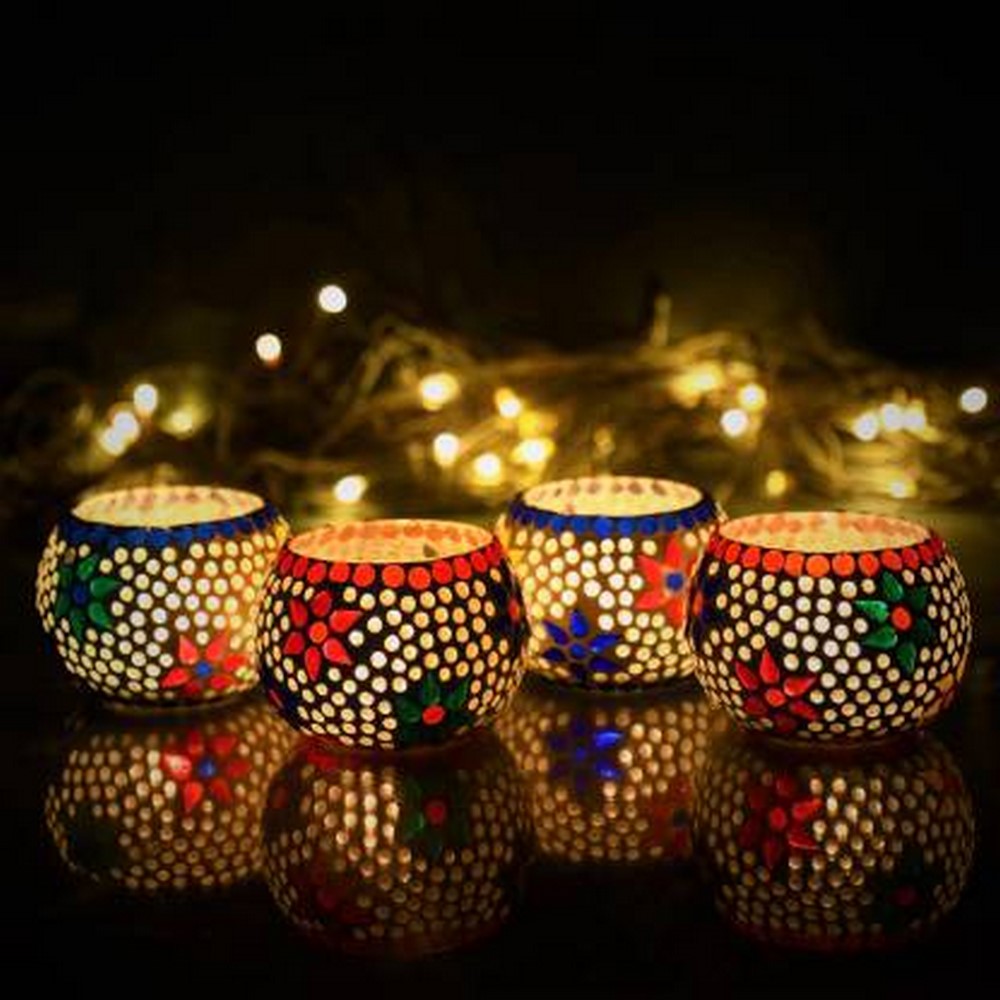 eCraftIndia Set of 4 Mosaic Glass Decorative Tea Light Holder m2wvuk-pc
