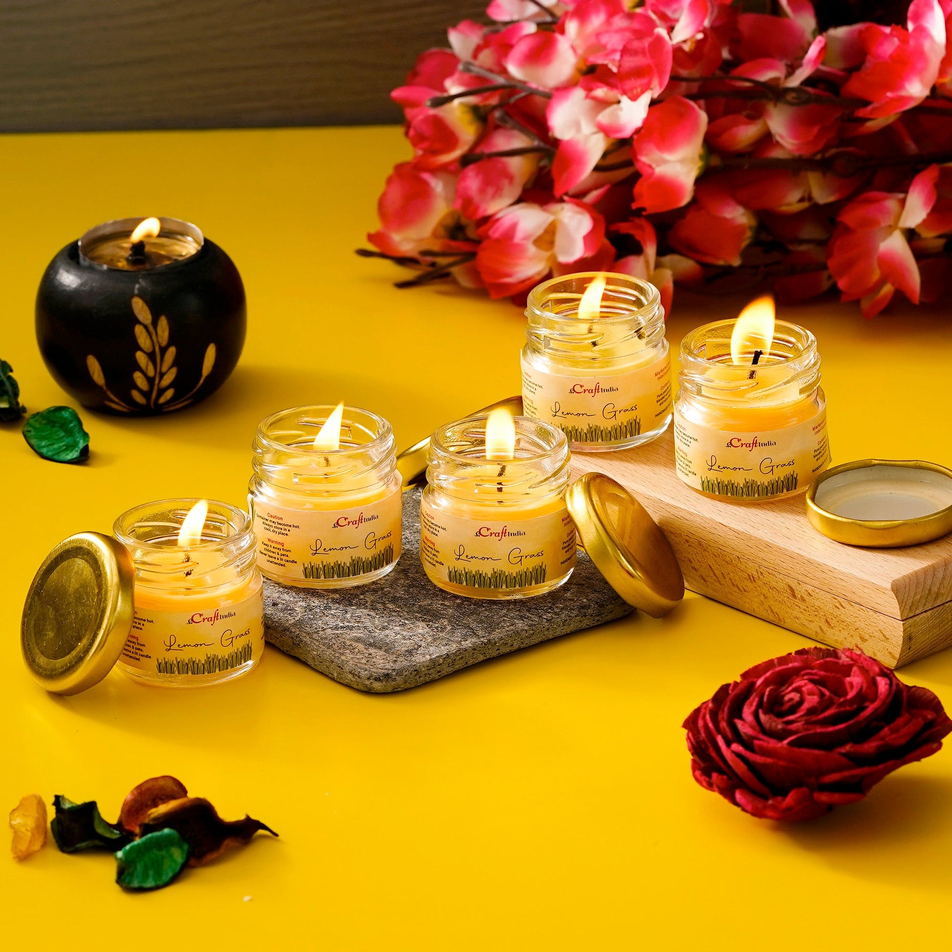 eCraftIndia Set of 5 Lemon Grass Scented Minijar Candle m2wvuk-pc